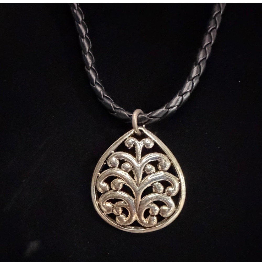 August Max Pendant Necklace Womens OS Black Braided Cord Silver Tone Filigree - Picture 2 of 11